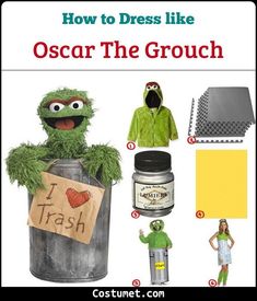 an oscar the grouch costume is shown with other items and instructions to make it