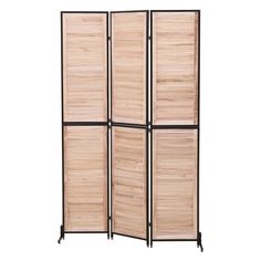 a room divider made out of wood with black metal bars on the bottom and sides