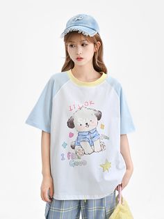 The price is for a T-shirt only, others are not included.  Garment Size   	 		 			Size 			S 			M 			L 		 		 			Full Length 			61.5 			63.5 			65.5 		 		 			Bust 			106 			110 			114 		 		 			Hem Circumference 			109 			113 			117 		 		 			Sleeve Length 			33 			34 			35 		 		 			Cuff 			39 			40.2 			41.4 Light Blue T-shirt With Cartoon Print For Spring, Light Blue Cotton T-shirt With Graphic Print, Kawaii Short Sleeve Tops With Letter Print, Kawaii Crew Neck Summer Tops, Kawaii Crew Neck Top With Letter Print, Kawaii Short Sleeve Tops With Cartoon Print, Kawaii Short Sleeve Cartoon Print Tops, Kawaii T-shirt With Cartoon Print Crew Neck, Kawaii Cotton T-shirt With Crew Neck