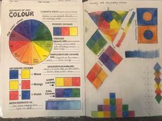 an open book with different colored squares and numbers on the pages, including one color wheel