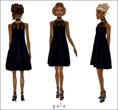 three different views of a woman in black dress and high heeled shoes, with her hands on her hips