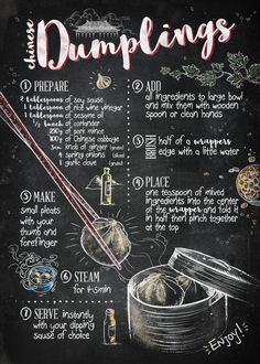 a chalk board with instructions on how to make dumplings and what to use them