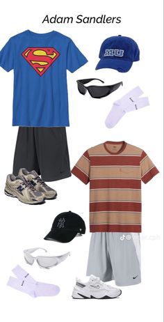 an assortment of clothing and accessories including shoes, socks, sunglasses, and t - shirt