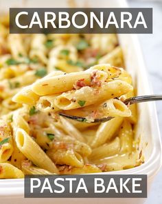 this is an image of a pasta bake in a casserole dish with the words carbonara above it