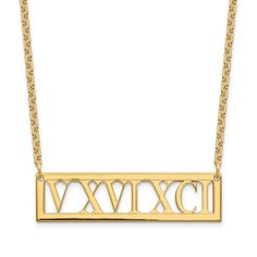 Keep your birthdate or your lucky number on display with this Roman numeral bar necklace. Made from yellow gold plated sterling silver, this 18-inch cable chain necklace holds a bar that may be personalized with your choice of maximum 9 numbers in Times New Roman Bold font. Easy to use lobster clasp offers worry-free movement. Jared The Galleria Of Jewelry, Free Movement, Cable Chain Necklace, Times New Roman, Bold Fonts, Lucky Number, Loose Stones, Roman Numeral, Precious Jewelry