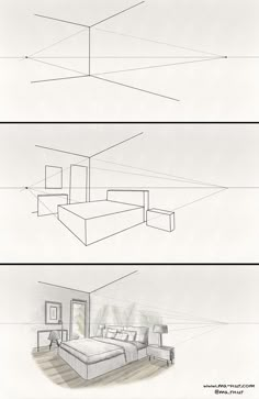 two different perspective drawings of a bedroom and living room