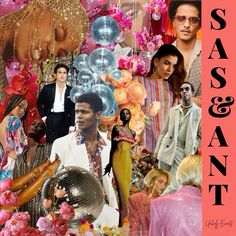 a collage of people surrounded by pink flowers and disco balls, with the words sasson & grant above them