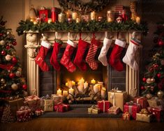 christmas stockings hanging over a fireplace with candles