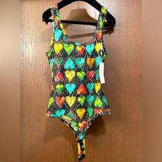 New With Tags Versace Bodysuit; Elastic Colorful Hearts Lace Material; Size 1 It/ Xs-S Us Fitted Multicolor Printed Bodysuit, Fitted Multicolor Bodysuit, Fitted Printed One-piece Bodysuit, Sleeveless Multicolor Fitted Bodysuit, Printed Fitted Sleeveless Bodysuit, Fitted Multicolor Lined Swimwear, Multicolor Fitted Beachwear Bodysuit, Fitted Multicolor Beachwear Bodysuit, Versace Bodysuit