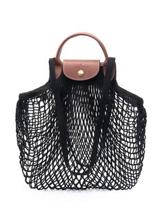 The Longchamp Le Pliage Filet Mesh Bag is crafted from pure cotton and features top handles and a push-button folding clasp. It is open knit and has a logo detail. Longchamp Le Pliage Black, Longchamp Le Pliage Filet, Affordable Designer Handbags, Nyc Closet, Longchamp Bag, Xmas Wishlist, Longchamp Bags, Capsule Closet, Fantasy Closet