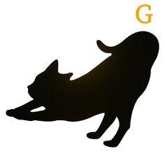 the silhouette of a cat is shown in front of an orange letter g on a white background