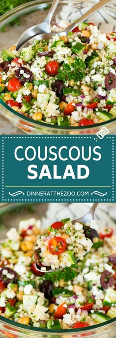 two bowls filled with salad and the words couscous salad on top are shown