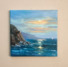 an oil painting of the ocean at sunset