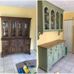 before and after pictures of a kitchen remodel with cabinets painted in light green