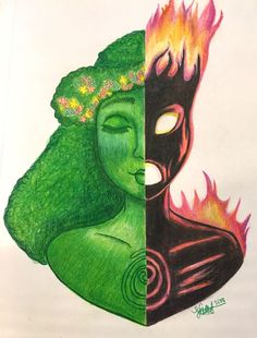 two different colored drawings with one woman and the other man's head in flames