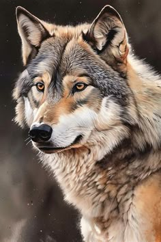 a painting of a wolf looking at something in the distance with water droplets on its face