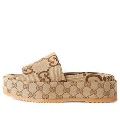 Gucci Luxury Brown Sandals, Gucci Brown Slip-on Sandals, Designer Beige Slip-on Sandals, Luxury Beige Slip-on Sandals, Gucci Brown Sandals For The Beach, Designer Beige Platform Sandals, Gucci Beige Open Toe Sandals, Gucci Beige Sandals For Summer, Beige Gucci Sandals For Summer