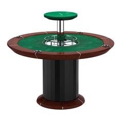 a green and black table with two stools on it's sides, in front of a white background