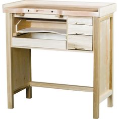 a wooden desk with drawers on the top and bottom shelf, in front of a white background