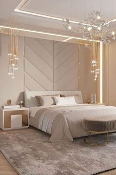 a bedroom with a large bed and chandelier hanging from the ceiling