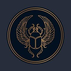 a gold beetle with wings in a circle on a dark blue background, the symbol of an insect