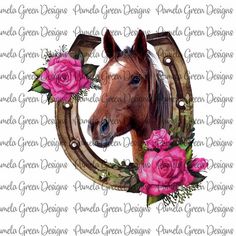 a horse with flowers in the middle of it's head and an oval frame