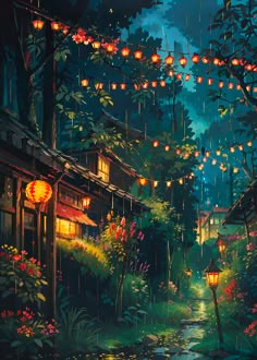 A Studio Ghibli inspired lofi environment depicting a village in the forest with lanterns in the rain Lantern Sky Light, Digital Art Warm Light, Xiao Lantern Rite Wallpaper, Ipad Wallpaper Lighting, Lanterns Sky, Ghibli Background, Ghibli Aesthetic, Studio Ghibli Background, Amoled Wallpapers