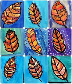 six paintings of leaves painted in different colors