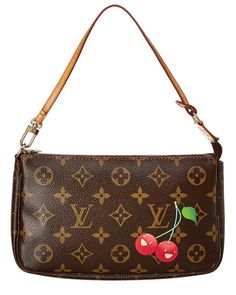 In the spring of 2005, Jacobs debuted an energetic collection of colorful bags in rich textures and very 2000s-era silhouettes. It included the iconic Takashi Murakami cherry print. Dark brown and beige leather Pochette Accessories Monogram Cherry pouch from Louis Vuitton featuring a top handle, a top zip fastening, gold-tone hardware, a monogram print, a main internal compartment and a green and red cherry logo print at the front. Size: Small Measurements: Length: 8" (21cm) Width: 1.5" Height: 5" (13cm) Strap drop: 6.75"  *Please notice that all measurements, sizing, and colors are taken to the best of my abilities* Material: Monogram Canvas, leather Style #: M95008 Product #: VI0015 Made in France Condition: Perfect vintage condition. Comes with tags + booklet + dust bag + box. Please re Louis Vuitton Cherry Blossom, Cherry Bag, Cherry Logo, Cherry Vintage, Japan Fits, Louis Vuitton Murakami, Louis Vuitton Limited Edition, Consignment Boutique, Takashi Murakami