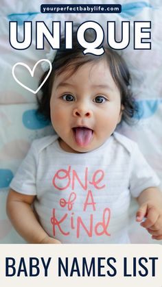 A baby sticking her tongue out for an article about a unique baby names list, with options for boys and girls