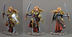 three different views of a female knight with two swords