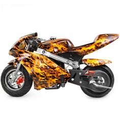 a motorcycle with flames painted on it's body and seat, parked in front of a white background