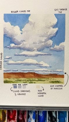 an artist's watercolor palette with clouds and sky in the background, including six different colors