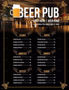 the beer pub menu is shown in black and gold