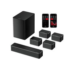 a group of black speakers and remotes sitting next to each other