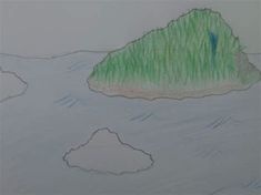 a drawing of an island in the water with grass growing out of it's top