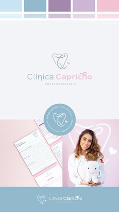 a woman holding a teddy bear in front of a pink and blue background with the words clinic