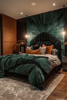 a bed with green velvet headboard and pillows