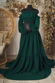 Harmony  photography dress in deep emerald color. This bohemian maternity dress includes: - ruffled off the shoulder long sleeve crop top  -  long maxi skirt with ruffle , it has a train in the back, the skirt has slits on both sides - the skirt is adjustable in the back for smaller size   This gorgeous boho set is made of very soft, natural gauze material ( 100% cotton ).  All materials used are new and sewed by me. The material is certified by OEKO_TEX Standard 100 -  meeting all safety standa Emerald Maternity Dress, Long Sleeve Green Maxi Dress For Maternity, Green Long Sleeve Maxi Dress For Maternity, Green Ruffled Floor-length Maxi Dress, Green Floor-length Maxi Dress With Ruffles, Maternity Maxi Dress With Ruffles For Wedding, Green Ruffled Maxi Skirt For Party, Elegant Green Maternity Dress, Green Maxi Length Gown With Ruffles