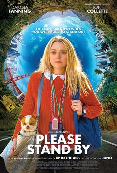 the movie poster for please stand by with a woman holding a small dog in her hand