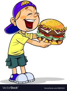 a boy holding a large hamburger in his hand