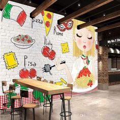 this is an image of a wall mural in a restaurant