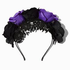 Claire's Purple & Black Roses Headband Black And Purple Crown, Gothic Headband For Costume, Black Gothic Headband For Cosplay, Gothic Purple Jewelry For Halloween, Purple Witch Headpiece, Crown Hair Clip, Sensitive Ears Earrings, Piercing Kit, Flower Crown Hairstyle