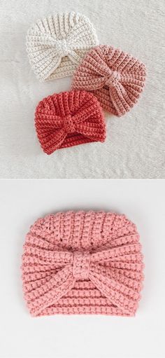 three different types of knitted headbands on top of a white blanket and bottom one