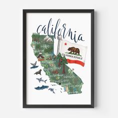 the california state map is shown in watercolor with birds flying around it and an american flag