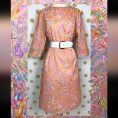 *Belt Not Included!* Rare! True 1960s Psychedelic Midi Dress. Vintage, Looks Like New Likely Never Worn. Would Be Fabulous With Go-Go Boots Or For Barbiecore Fans! Photos Do Not Do This Dress Justice It Has An Amazing Rainbow Pink Pattern. Era: 1960s Size: Large Bust: 43" Waist: 38" Hips: 41" [For Reference, I Tend To Fluctuate In Vintage And This Dress Was A Little Snug In The Hips For Me Otherwise I'd Keep Her Forever!] Fitted Belted Dress For Spring, Retro Belted Dresses, Retro Fitted Belted Dresses, Vintage Fitted Belted Dress, Fitted Retro Belted Dress, Vintage Knee-length Belted Dress, Vintage Belted Knee-length Dress, Vintage Dresses With Belt For Spring, Midi Dress Vintage