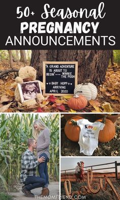 Collage of fall pregnancy announcement ideas. Pregnant Halloween Announcement, Pregnancy Announcement Due September, September Baby Announcement Ideas, Pregnant Again Announcement, Fall Announcement Pregnancy, Family Photo Pregnancy Announcement, Ideas To Tell Husband About Pregnancy, Pregnancy Announcement Photos Fall