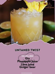 Gin 1 1/2 oz\nPineapple juice 1 oz\nLime juice 1/2 oz\nGinger beer 2 oz\nIce as needed\nLime wedge for garnish\nShake well and strain into a glass over ice.\nTop with ginger beer and garnish with a lime wedge.\n#UntamedTwist #BoldCocktails Gin Pineapple, Tequila Pineapple, Pineapple Ginger, Homemade Chinese Food, Cocktail Drinks Alcoholic, Culinary Techniques, Delicious Cookie Recipes