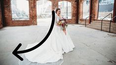 a woman in a wedding dress holding a bouquet with an arrow pointing to the side