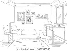 black and white sketch of a bedroom with bed, desk, chair and pictures on the wall